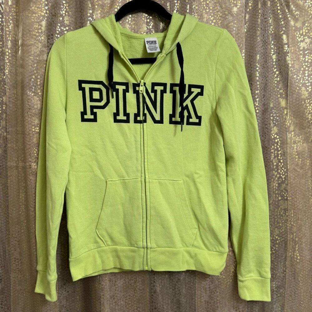 PINK Victorias Secret Lime Green Logo Full Zip Sweater Small